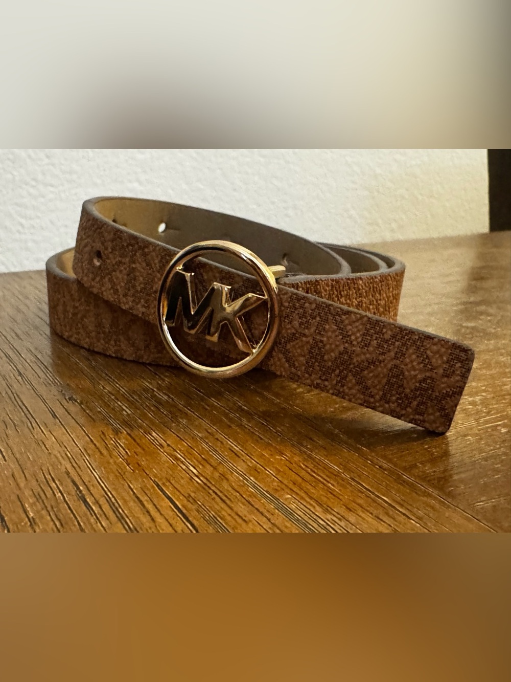 MICHAEL Michael Kors Monogram Skinny Belt Tan Gold MK Logo Buckle